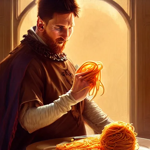 Image similar to Messi eating spaghetti, D&D, fantasy, intricate, elegant, highly detailed, digital painting, artstation, concept art, matte, sharp focus, illustration, art by Artgerm and Greg Rutkowski and Alphonse Mucha