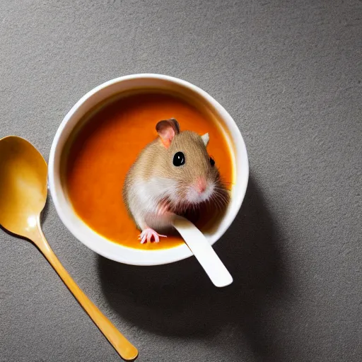 Prompt: detailed photo of a hamster eating soup, various poses, full body, daylight, 8 k