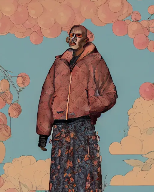 Image similar to a puffy and oversized winter surrealistic mango fruit jacket, concept, mucha, virgil abloh, wes anderson, ilya kuvshinov, photorealistic, artstation, high fashion, incenerate, modern