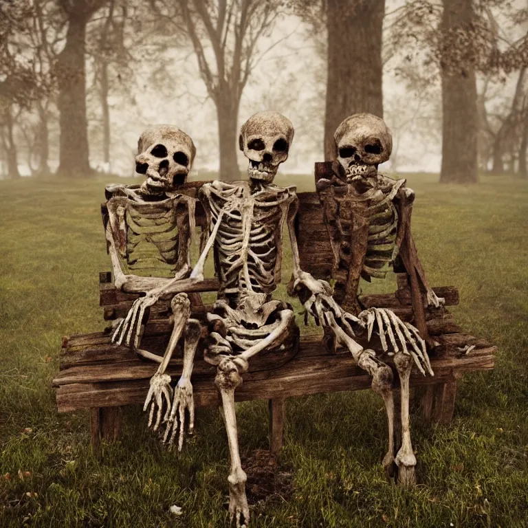 Image similar to decayed old romantic couple of skeletons, sitting on a park bench, holding their hands, partially covered with dust and moss, cinematic lighting, photorealistic image, 8k, ultra detailed, high resolution, artstation