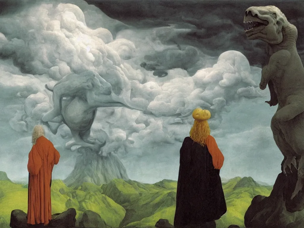 Image similar to albino mystic, with his back turned, looking at a storm over over the mountains in the distance, with dinosaur. Painting by Jan van Eyck, Audubon, Rene Magritte, Agnes Pelton, Max Ernst, Walton Ford