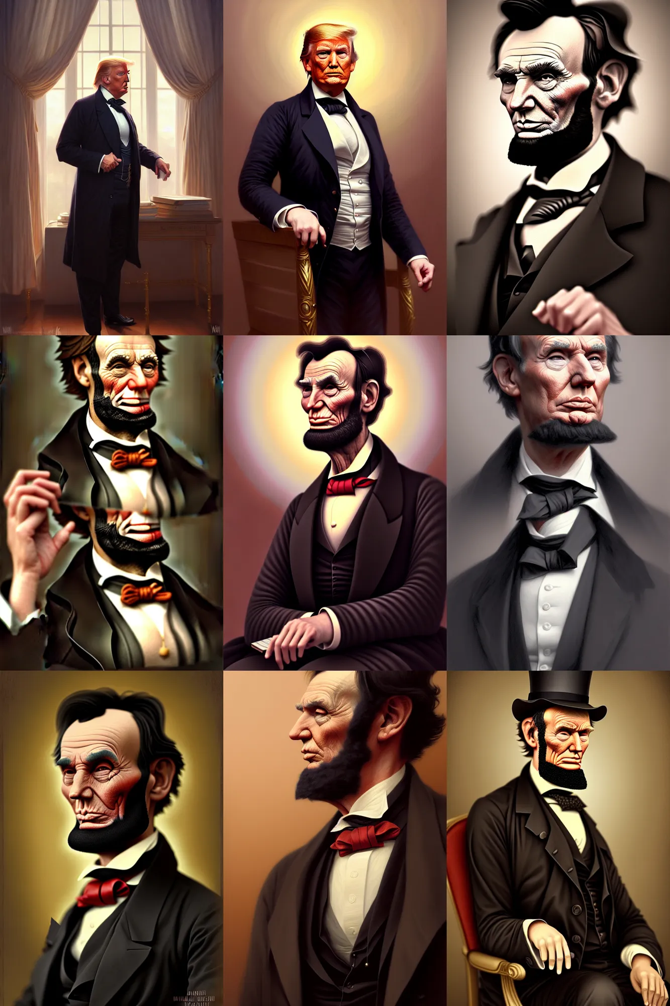 Prompt: depiction president trump as lincoln, illustration by mandy jurgens and william adolphe bouguereau, artgerm, 4 k, digital art, surreal, highly detailed, artstation, digital painting, concept art, smooth, sharp focus, illustration by mandy jurgens and william adolphe bouguereau