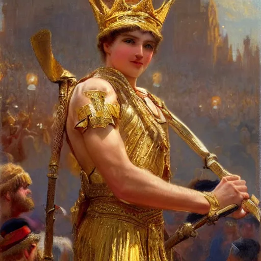 Image similar to a young man wearing a golden crown after overcoming his fear or death, standing above a cheering crowd, highly detailed painting by gaston bussiere and j. c. leyendecker 8 k