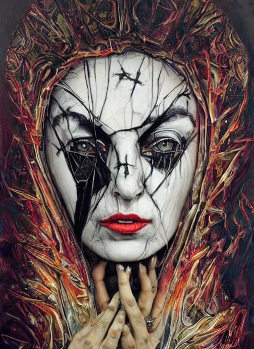 Prompt: cult magic psychic woman, subjective consciousness psychedelic, epic surrealism expressionism symbolism story iconic, dark robed witch, oil painting, robe, symmetrical face, greek dark myth, by Sandra Chevrier, Nicola Samori masterpiece