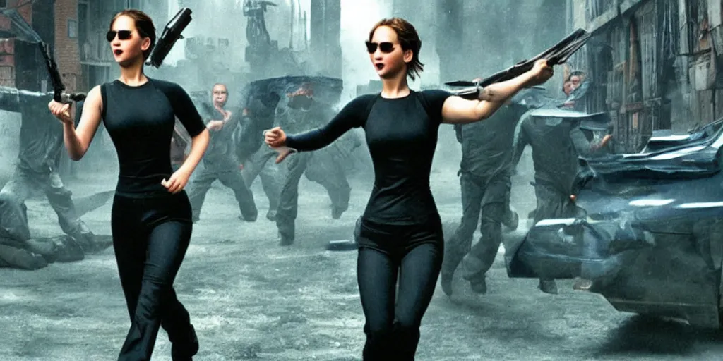 Prompt: Jennifer Lawrence fighting agents in matrix