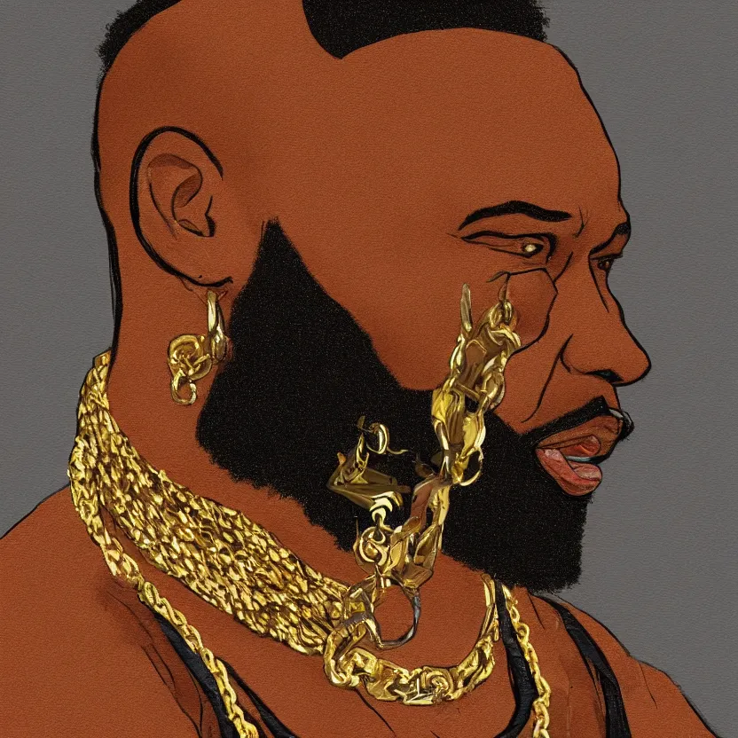 Prompt: mr. t, feather earrings, gold chains, stylized digital art