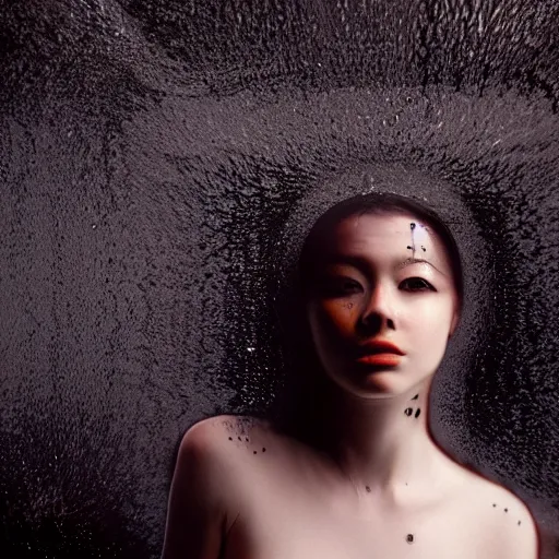 Image similar to beautiful woman in liquid fluid simulation, female upper body, beautiful supermodel, black wave patterns, cinematic light, cinestill, film still, body portrait, geisha, optical illusion, art noveau, female balaclava