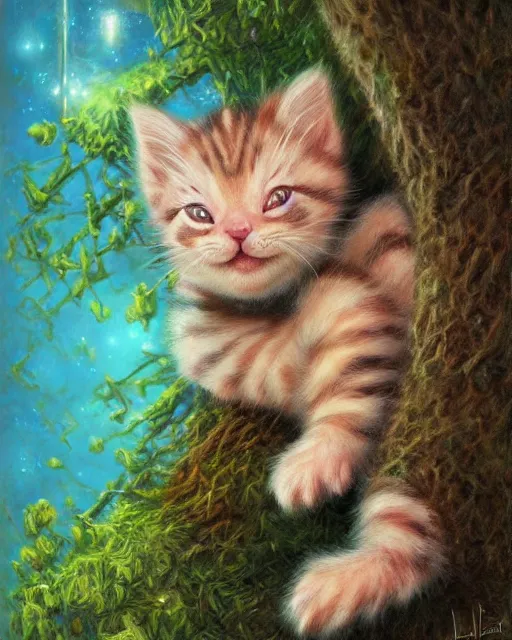 Image similar to an adorable cheshire kitten asleep in a tree | highly detailed | very intricate | symmetrical | whimsical and magical | soft cinematic lighting | award - winning | closeup portrait | wonderland | painted by donato giancola and paul lehr and ross tran | pastel color palette | featured on artstation