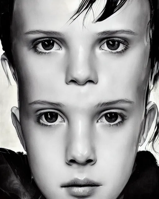 Prompt: close up portrait of millie bobby brown by yoji shinkawa, black and white