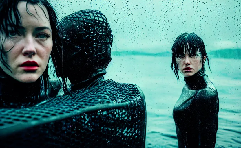 Image similar to cinestill 5 0 d candid action photographic portrait by quentin tarantino of two loving female androids wearing rugged black mesh techwear in treacherous waters, extreme closeup, modern cyberpunk retrofuturism moody emotional cinematic, pouring iridescent rain, 8 k, hd, high resolution, 3 5 mm, f / 3 2, motion blur, ultra realistic faces, ex machina