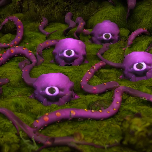 Image similar to voidless of the festival!, The Graveyard, blood moon tentacles!!, outsider art!!!, large group of crabs and worms, crawling along a bed of moss, low poly, creeper world, handcrafted, artstation, hyperrealistic, hard light, best practices, creeptastic, photorealism, macro perspective, cuddly