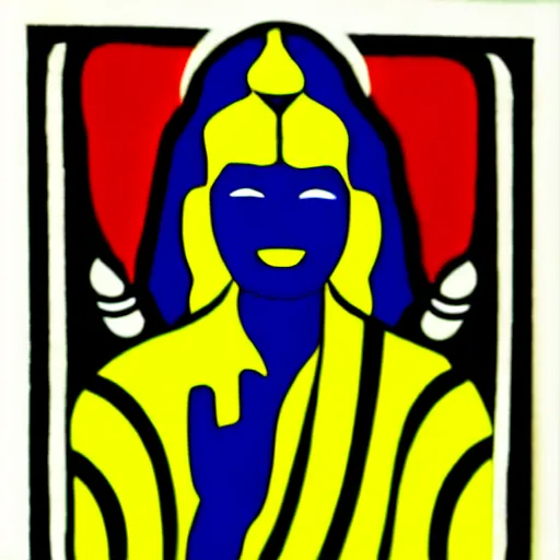 Image similar to indian god and politician, sticker in style of roy lichtenstein, plain black background, dye cut sticker