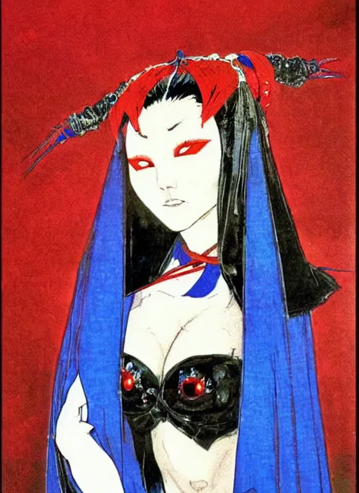 Image similar to portrait of mighty korean vampiress, jeweled veil, blue and red, strong line, saturated color, beautiful! coherent! by frank frazetta, high contrast, minimalism