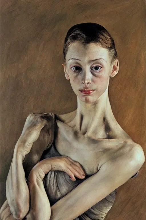 Image similar to high quality high detail painting by lucian freud, hd, exaggerated portrait of a ballerina, photorealistic lighting