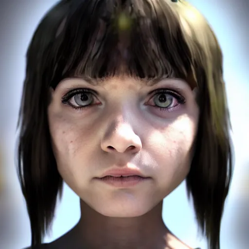 Prompt: little alien girl with big sad black eyes and dark hair, bangs cover half of her face, sci - fi, 3 d, photorealistic, ultra - details