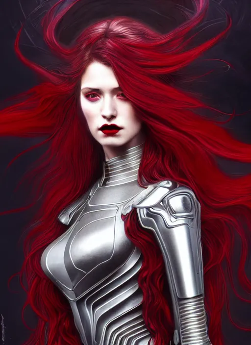 Prompt: a photorealistic detailed image of a beautiful stoic vampire in sci - fi bionic armor with flowing hair, black and red only, intricate, elegant, highly detailed, digital painting, artstation, concept art, smooth, sharp focus, illustration, art by hana yata, artem demura, alphonse mucha, octane render, unreal engine, 8 k