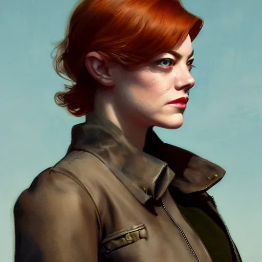 Image similar to Emma Stone as a character in Fallout 4, gorgeous, beautiful, intricate, highly detailed, digital painting, artstation, oppressive lighting, concept art, sharp focus, illustration, art by greg rutkowski and alphonse mucha