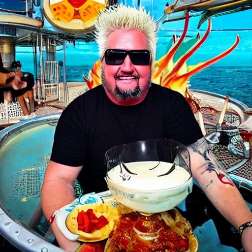 Prompt: guy fieri in the bathysphere trieste at the bottom of the marianas trench