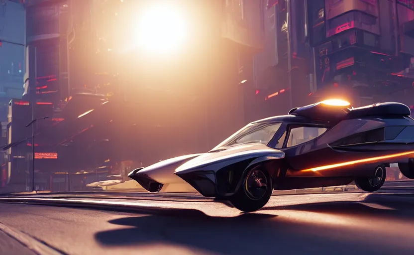 Image similar to photorealistic Flying Cars on cyberpunk roads. daylight. sunlight. lens flare. light fixtures. 8K. detailed. photorealism. artstation. 25mm f/1.7 ASPH Lens. ultra realistic