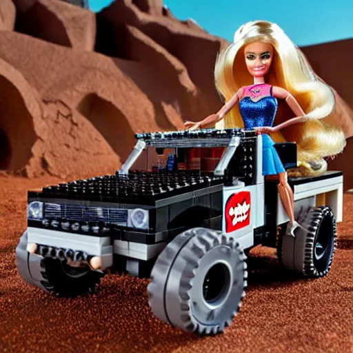 Image similar to barbie lego, madmax style