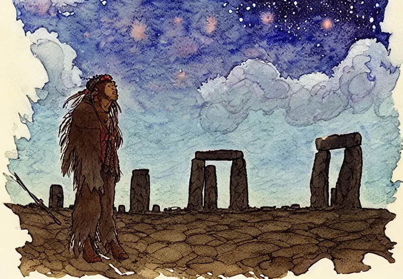 Image similar to a simple watercolor studio ghibli movie still fantasy concept art of a giant native american man standing in stonehenge in the ocean. it is a misty starry night. by rebecca guay, michael kaluta, charles vess