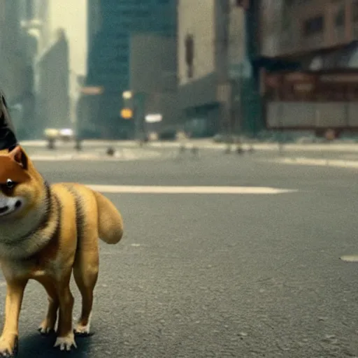 Image similar to A man in post-apocalyptic clothes wearing a latex mask of a Shiba Inu as Robert Neville in I Am Legend (2007), film grain, dof, chromatic aberration