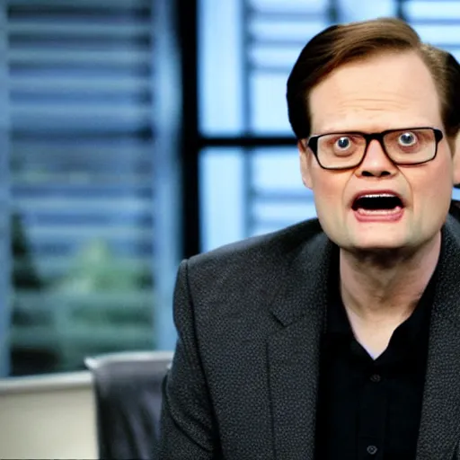 Image similar to dwight schrute pretending to be larry king