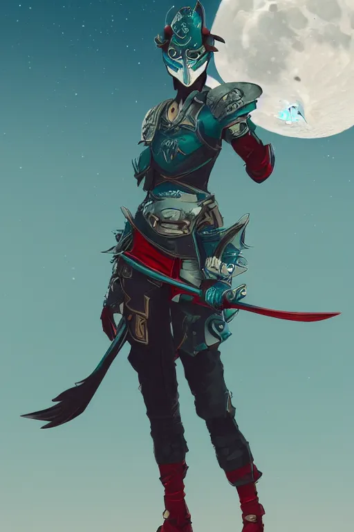 Image similar to female adventurer in tight full - body teal leather armor of japanese design with red accents and a white porcelain crow mask, trending in artstation, japanese, artstation, big moon in the background, establishing shot