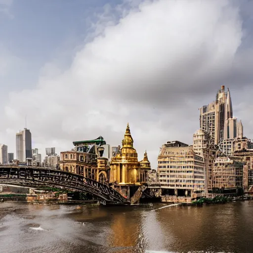 Prompt: gold encrusted buildings, sitting on clouds, with bridges connecting them, and people walking on the bridges, in the daytime