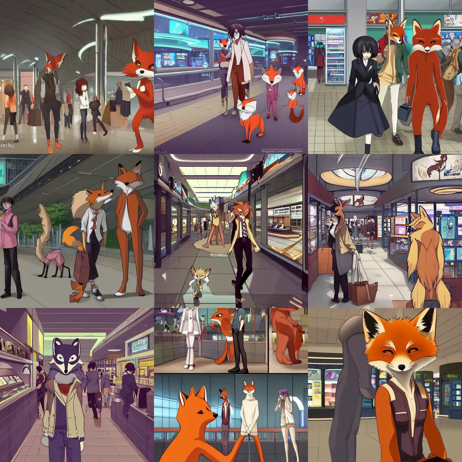 Prompt: an anthropomorphic furry fox shopping at a futuristic mall, photorealistic, anime, makoto! shinkai!, james gurney, don!!! bluth!!!, hibbary, dark natasha, goldenwolf, furaffinity