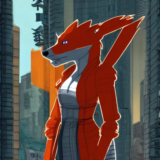 Prompt: Japanese themed cyberpunk fox by seerlight