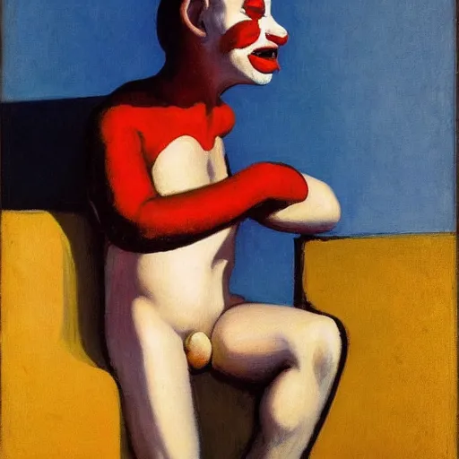 Image similar to “ edward hopper ’ s sad clown in the pose of stanczyk ”