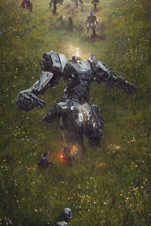 Prompt: a portrait of a giant robot laying broken in the meadow covered in plants by greg rutkowski, sung choi, mitchell mohrhauser, maciej kuciara, johnson ting, maxim verehin, peter konig, bloodborne, 8 k photorealistic, cinematic lighting, hd, high details, dramatic, dark atmosphere, trending on artstation