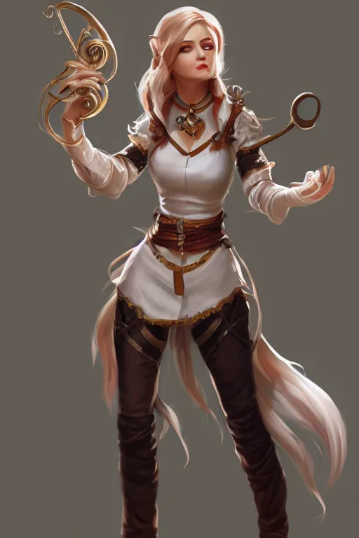 Image similar to full body, female bard, perfect face, white blouse, 8 k, magic the gathering, forest, d & d, artstation, high detail, smooth, coherent