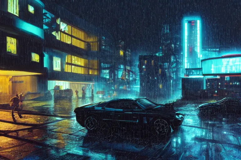 Prompt: cyberpunk, an estate agent listing photo, external view of a detached city house in the UK, cityscape, it's night time, raining, old car, by Paul Lehr, highly detailed, photorealistic, unreal engine, 8k, anamorphic, cinestill cinematrography