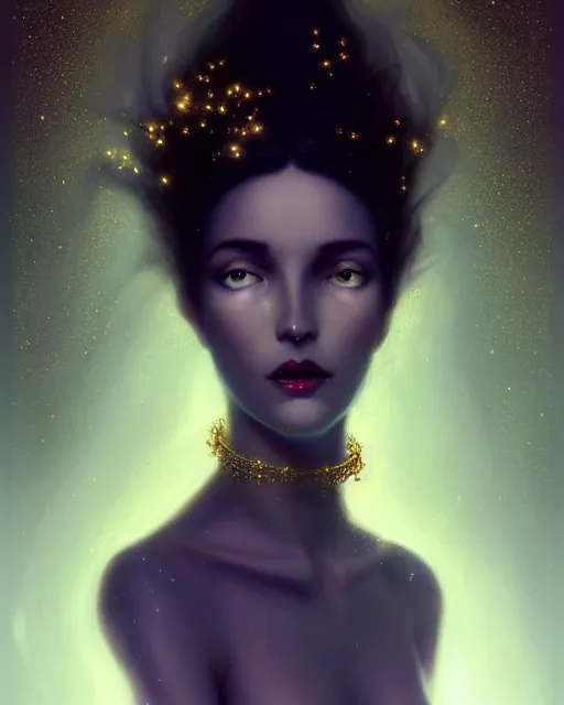 Image similar to Nocturne, glowing, stars, a portrait of a beautiful female shadow djinn creature with long fur collar, highly detailed, mysterious, ethereal, dressed in velvet and gold jewelry, haute couture, illustration, dramatic lighting, soft details, painting, by Edmund Blair Leighton, Brom, Charlie Bowater, trending on artstation, faces by Tom Bagshaw, otto schmidt