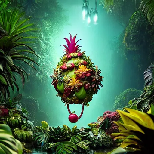Prompt: tropical fruit creature in a lush trunda candyland vegetation, water reflection, night, backlit, warm tones, bioluminescent : by michal karcz, daniel merriam, victo ngai and guillermo del toro : ornate, dynamic, particulate, intricate, elegant, highly detailed, centered, artstation, smooth, sharp focus, octane render