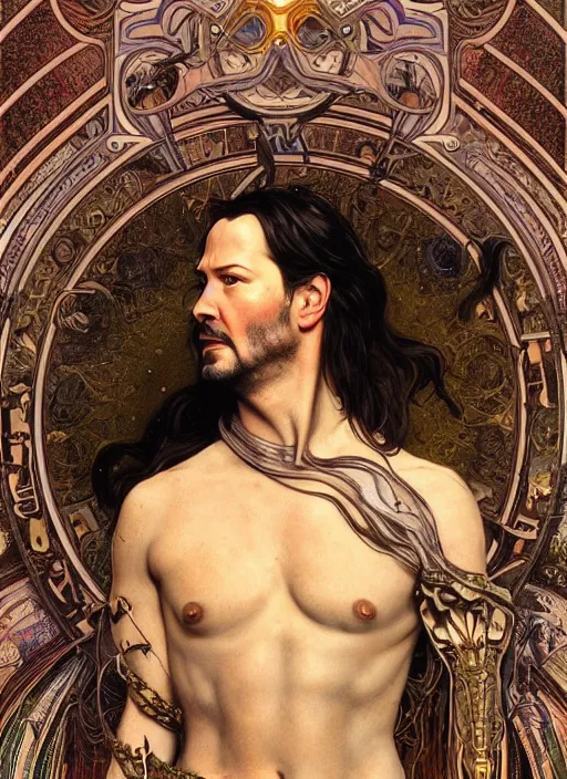 Image similar to Keanu Reeves as God of Beauty, brutal, fantasy, intricate, elegant, highly detailed, digital painting, 4k, HDR, concept art, smooth, sharp focus, illustration, art by alphonse mucha,artgerm, H R Giger