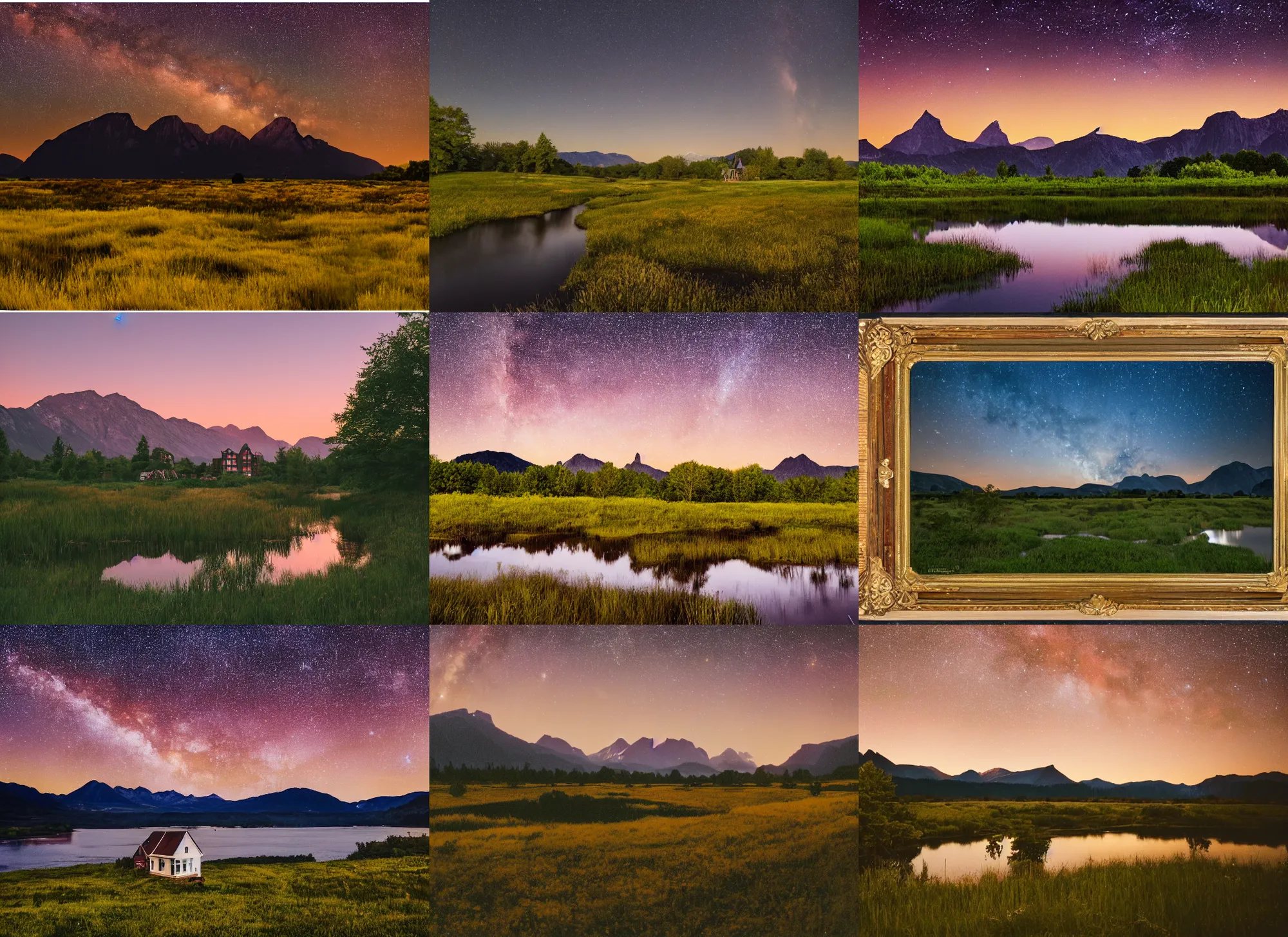 Prompt: still frame from a wes anderson movie of a meadow with a dutch colonial house with a river and mountains, at dusk with the milky way stars, 1 6 mm f 1. 4 lens, nikkor, canon, sigma, award - winning landscape photography