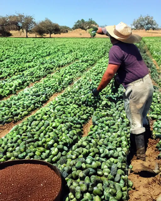 Prompt: farmer picking up carob,