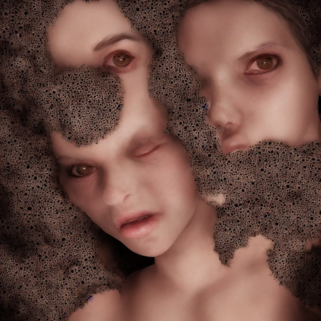 Prompt: cute girl with disgusting holes in her thorny skin, trypophobia, realistic, volumetric lighting, extremely detailed, 8 k