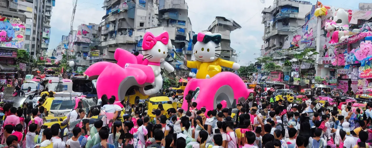 Image similar to giant hello kitty battle mechas attacking the Surabaya city, TV news, amateur photography