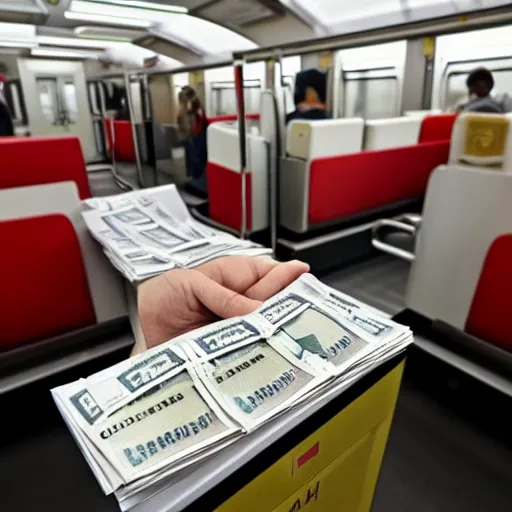 Prompt: Deutsche Bahn train, piles of money