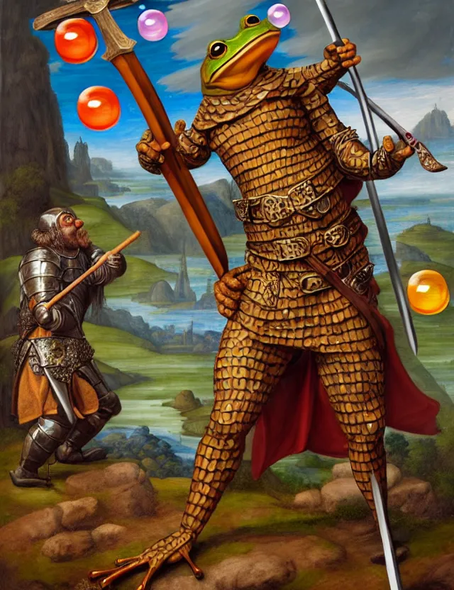 Image similar to anthropomorphic bipedal frog that is dressed as a medieval barbarian, and wielding a club weapon, as a renaissance oil painting and d & d character art, by alex grey, standing, fullbody, floating bubbles, enlightenment, mystic, concept art, award - winning, extremely detailed, sharp focus