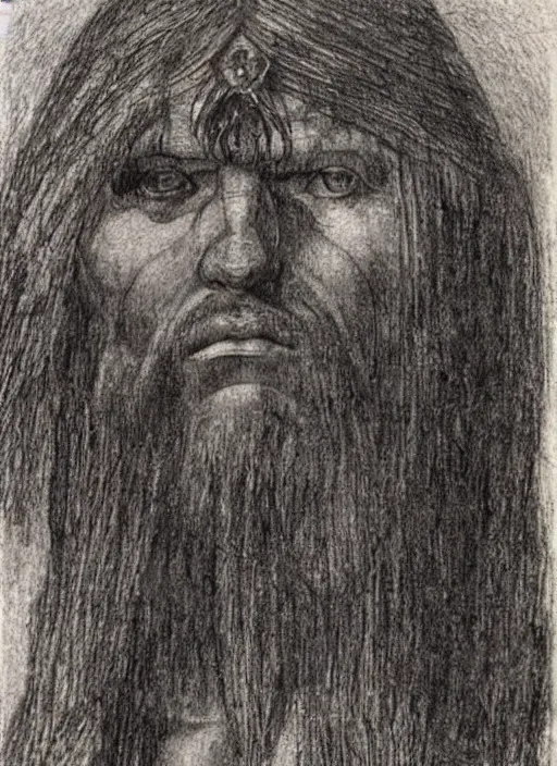 Image similar to a silverpoint drawing of Conan the barbarian by Leonardo da Vinci,