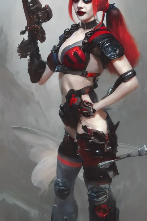 Image similar to portrait of cute Harley Quinn in bikini armor, dc comics, cyberpunk, Warhammer 40000, dark fantasy, digital art from artstation by Ruan Jia and Mandy Jurgens and Artgerm and william-adolphe bouguereau