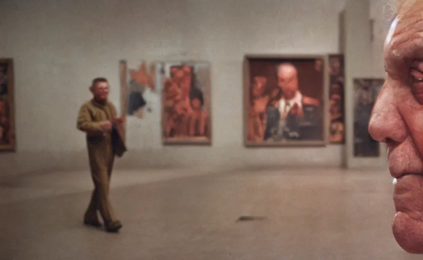 Image similar to 60s movie still close-up portrait of an elder soviet man walking in an empty sovietic museum with propaganda fresco, by David Bailey, Cinestill 800t 50mm eastmancolor, heavy grainy picture, very detailed, high quality, 4k, HD criterion, precise texture and facial expression