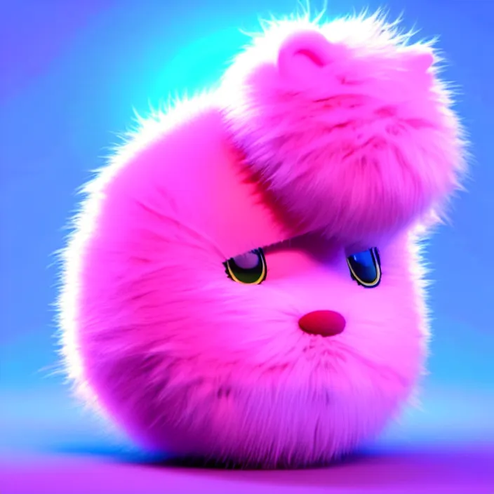 Prompt: high quality 3 d render hyperrealistic very cute big spherical creature, whiskers, plush mascot, short spiky dense fluffy smooth hair, isometric 3 d, psychedelic lighting pink fluffy fur 1 cm long, 1 5 0 mm, smooth background, artstation, ultra detailed, elegant, ultra detailed, octane render