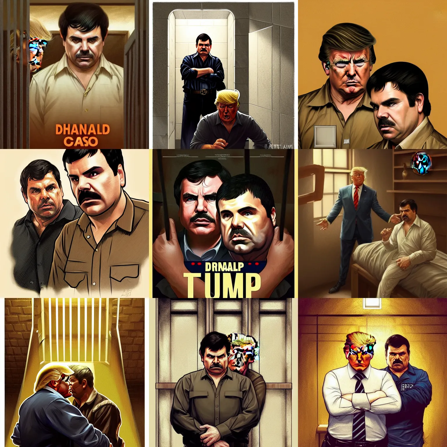 Image similar to illustration of donald trump and El Chapo sharing a prison cell in jail. videogame cover art, highly detailed, digital painting, artstation, concept art, smooth, detailed armor, sharp focus, beautiful face, illustration, art by Artgerm and greg rutkowski and alphonse mucha