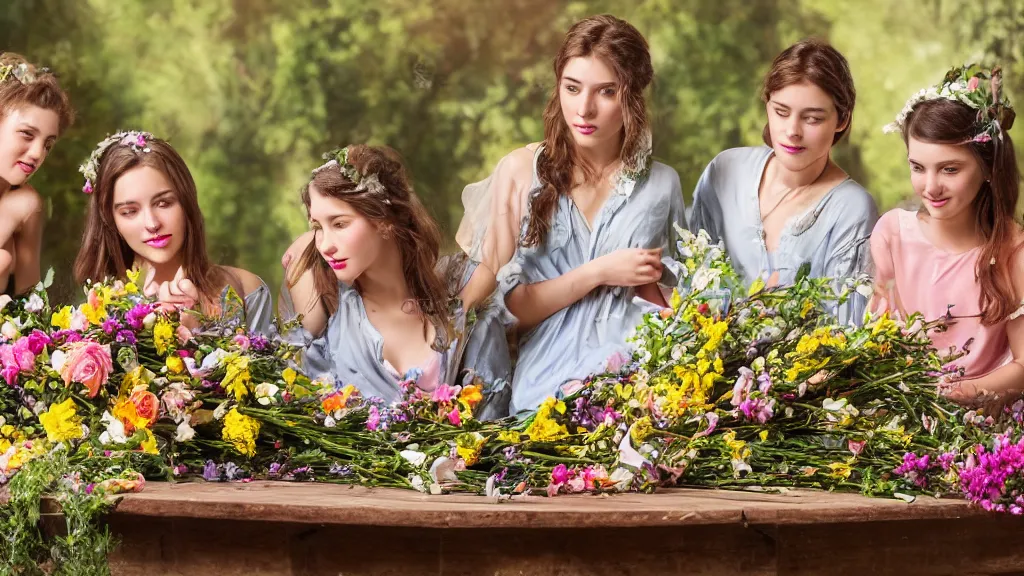 Image similar to A young guy's head is lying in a beautiful bouquet of flowers on a table, and his sisters are looking on, ancient fairy tale style